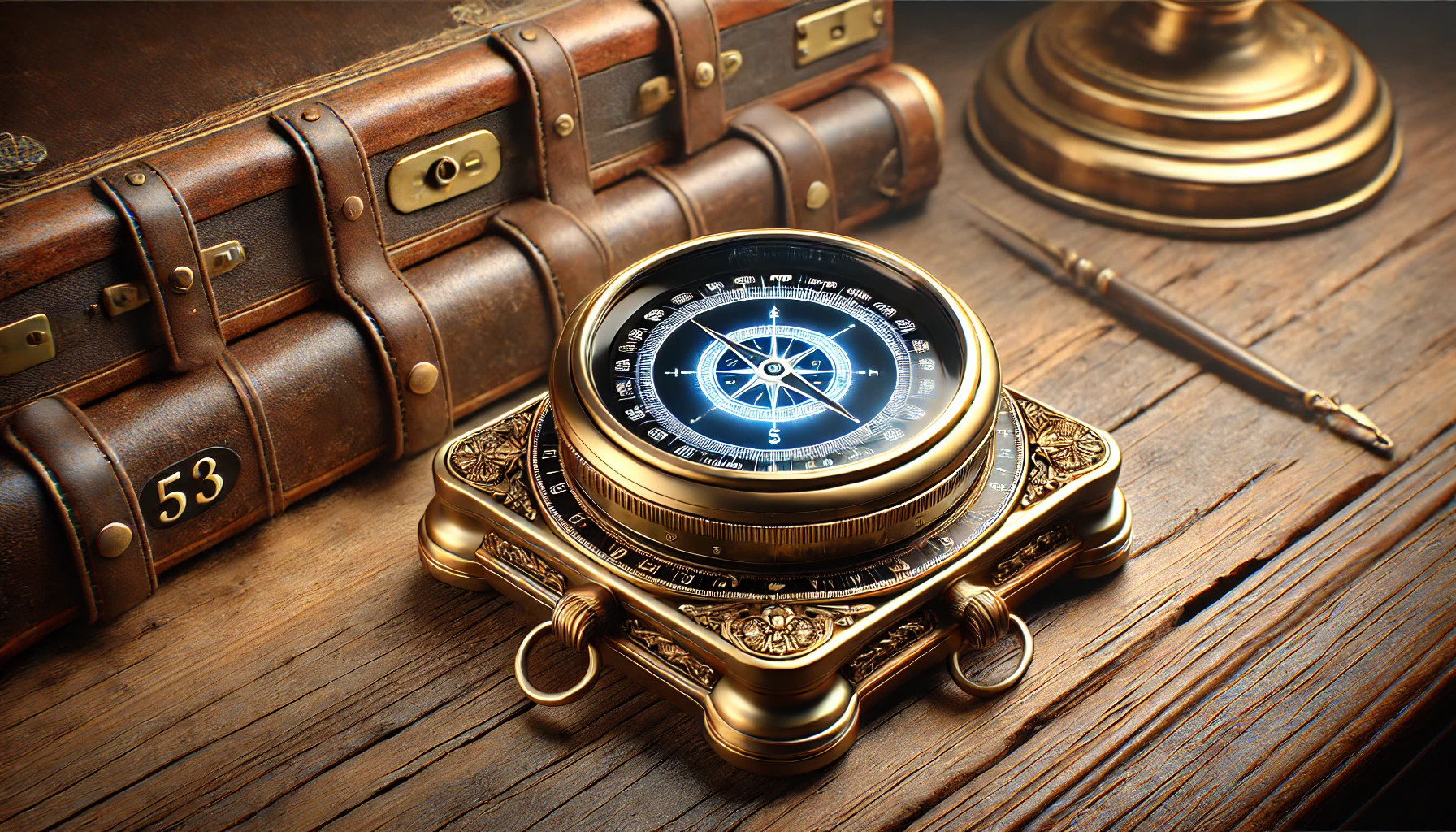 An elegant, vintage brass compass with a digital display seamlessly integrated into its face, resting on an aged wooden desk. The compass combines classical design with modern technology, featuring intricate brass detailing and a subtle, glowing digital screen. The setting is illuminated with soft, studio lighting to emphasize the textures of the wood and metal, creating a photorealistic effect. The atmosphere is sophisticated and timeless, with a focus on the unique blend of old and new design elements.